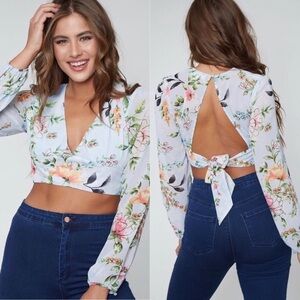 Flirty Blue Floral Print Vneck Open Back Crop Top